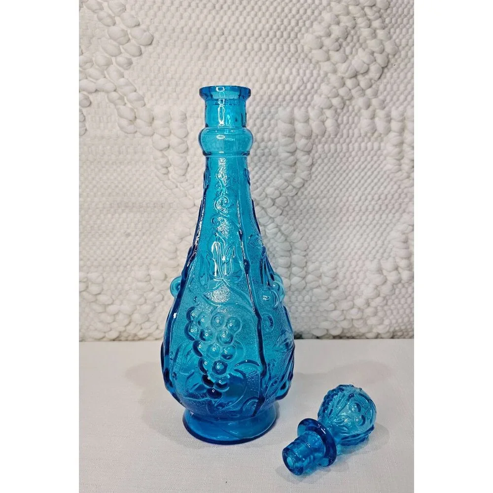 Vintage MCM Empoli Italian Aqua Blue‎ Glass 'Grapes' Genie Bottle/Decanter